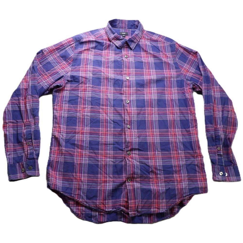 Vince Luxury Shirt Men Large Blue Purple Plaid Button Up 100% Cotton Long Sleeve